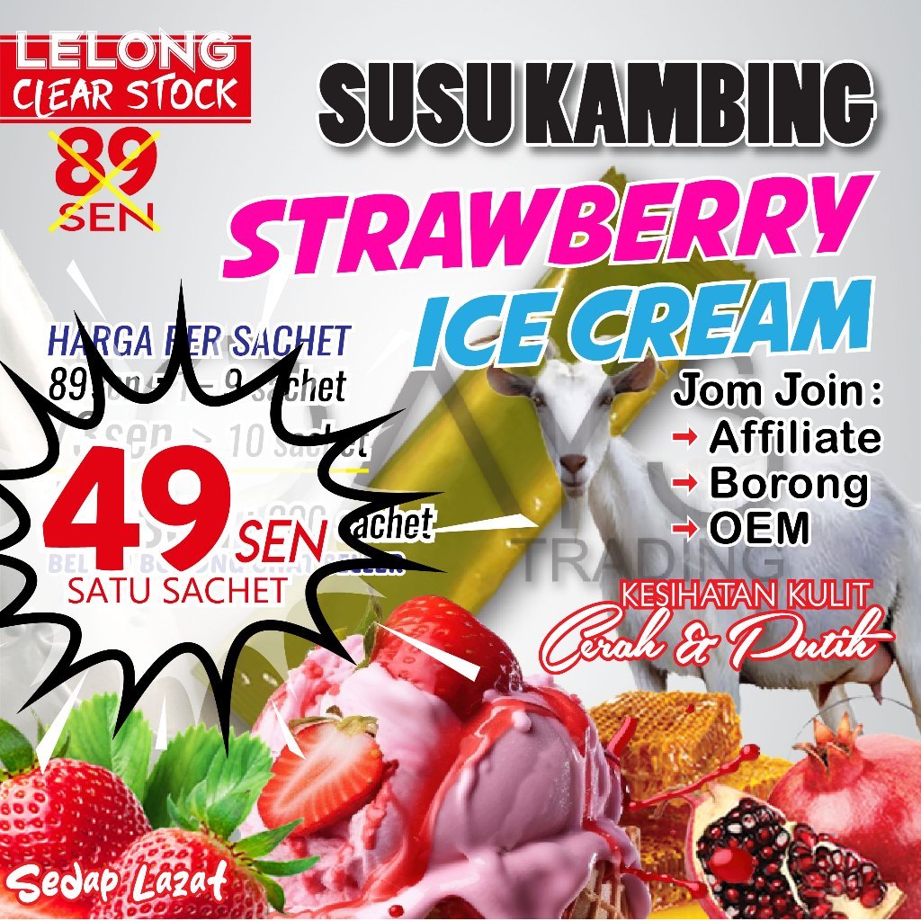 Clear Stock 49sen P20 SUSU KAMBING STRAWBERRY ICE CREAM exp 05/27 Cerah Putih