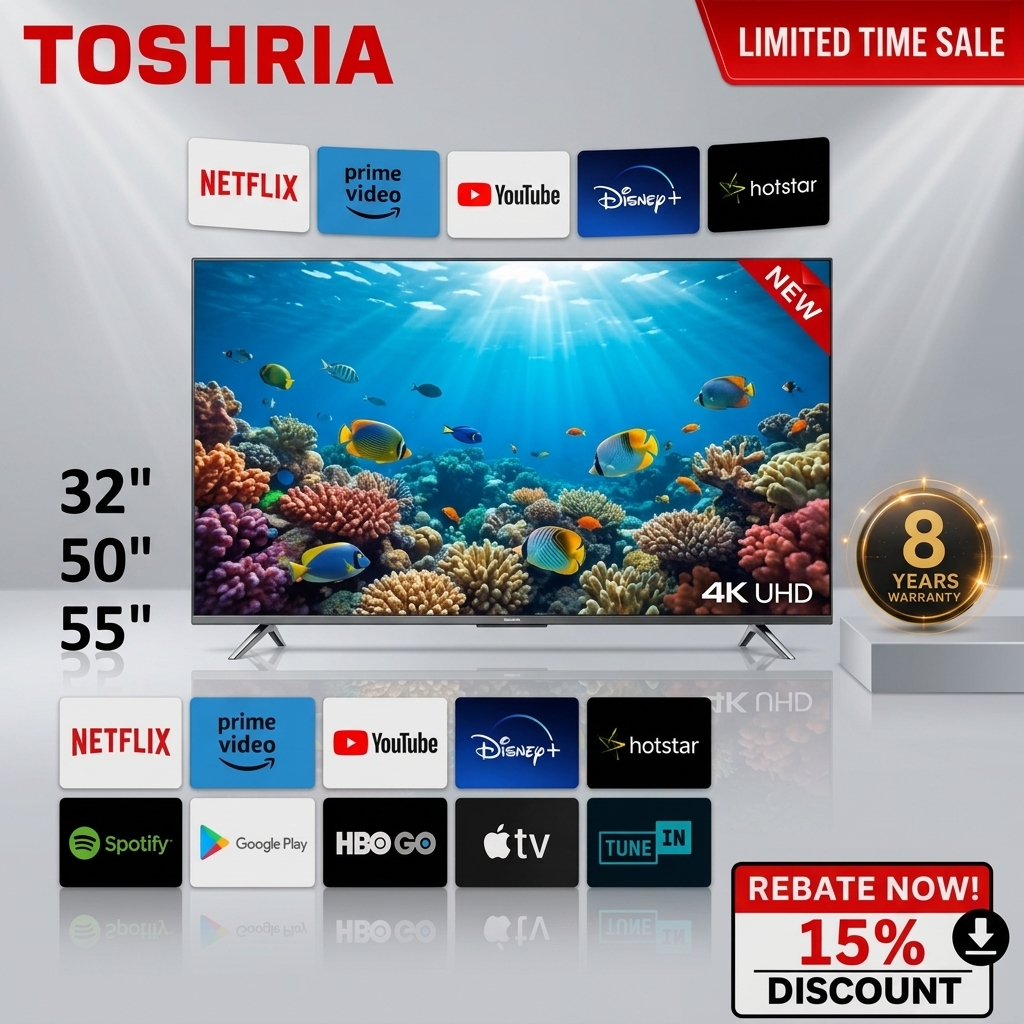 TOSHRIA Smart TV 32"43"50"55‘’65''75''Full Screen Boarderless 4K UHD Google LED Television Netflix Youtube MYTV DVB-T2
