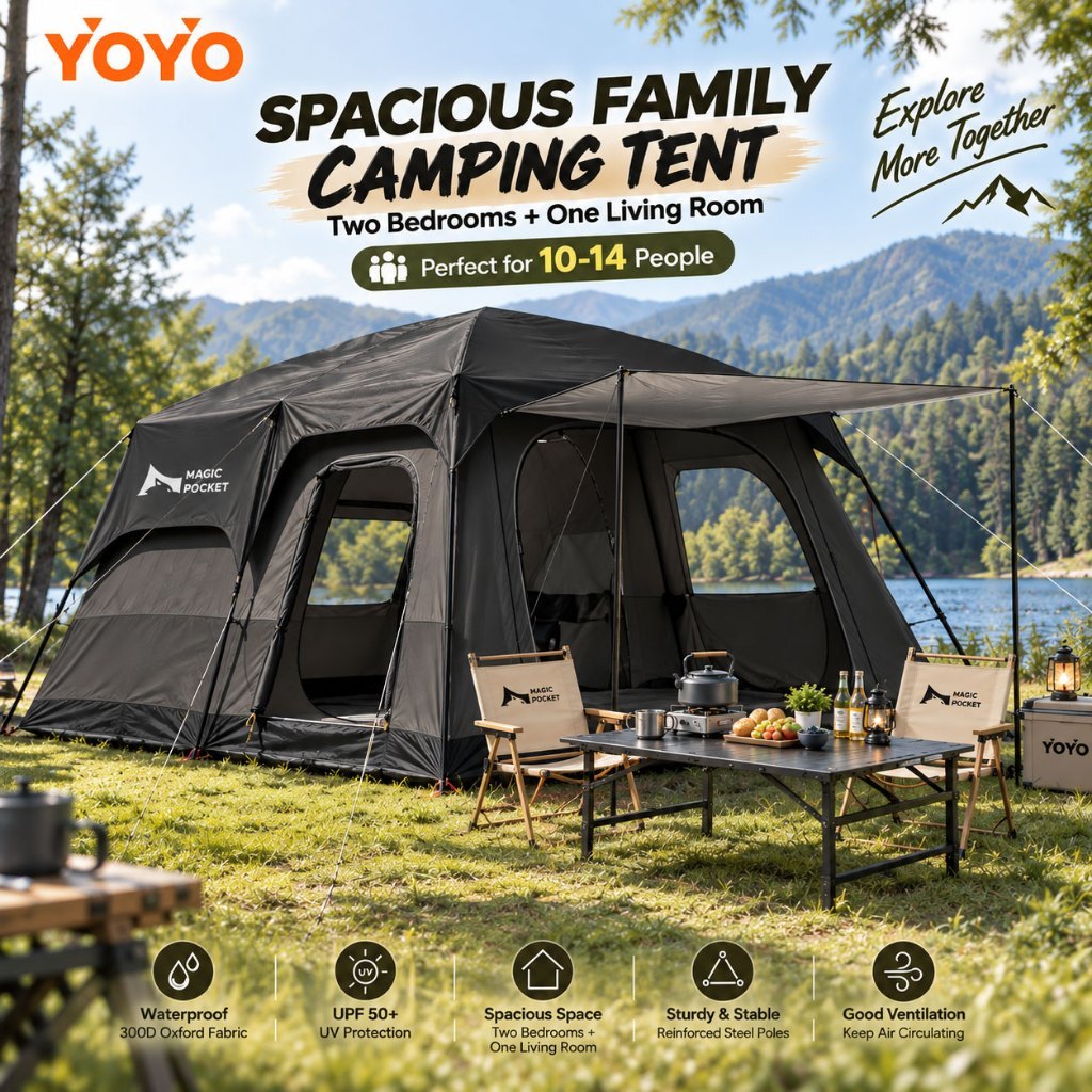 Khemah Unta Camel Tent 2 Rooms Large Tent 5/8/14 Person Waterproof Beser Khemah Camping Portable Family Tents Outdoor