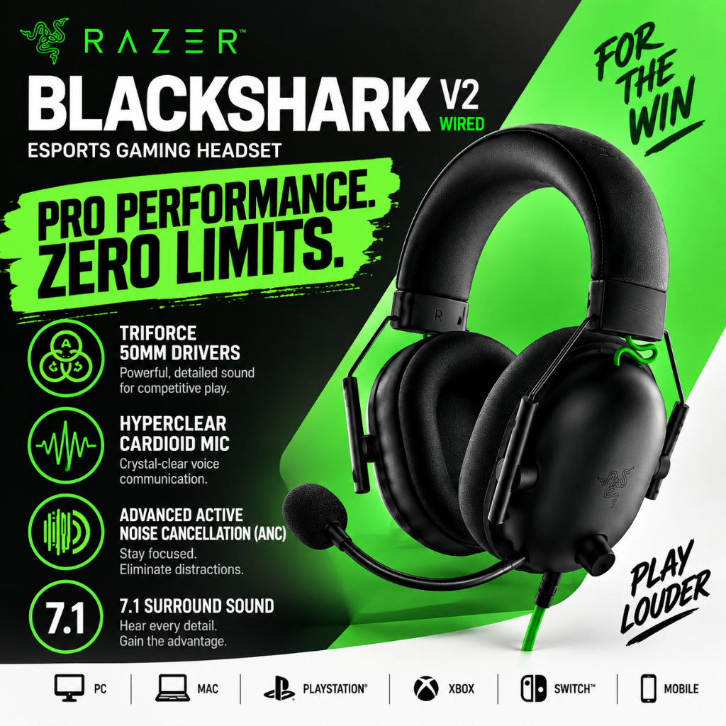 Razer BlackShark V2 Wired Gaming Headset 50mm TriForce HyperClear Mic ANC 7.1 Surround Sound