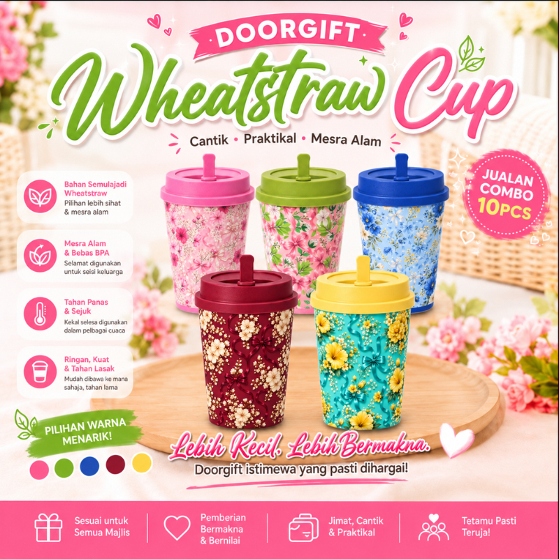 TBF Wheatstraw Cup Doorgift Set【10PCS】| Eco-Friendly Reusable Tumbler with Gift Box | Mix Colour Souvenir Cup
