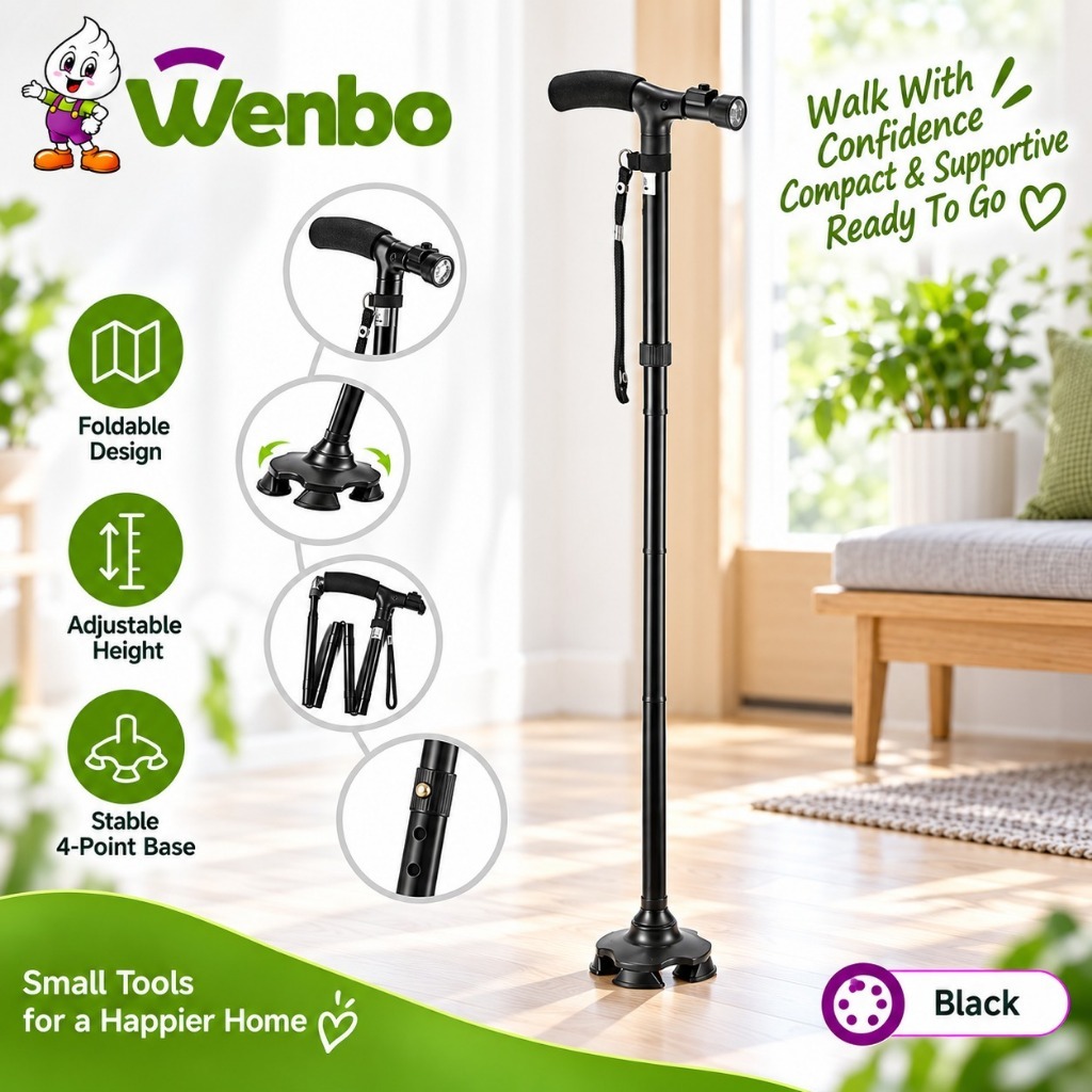 Wenbo Tongkat Foldable Strong Walking Stick with Cane For The Disabled Foldable walking Stick with LED Lights Built