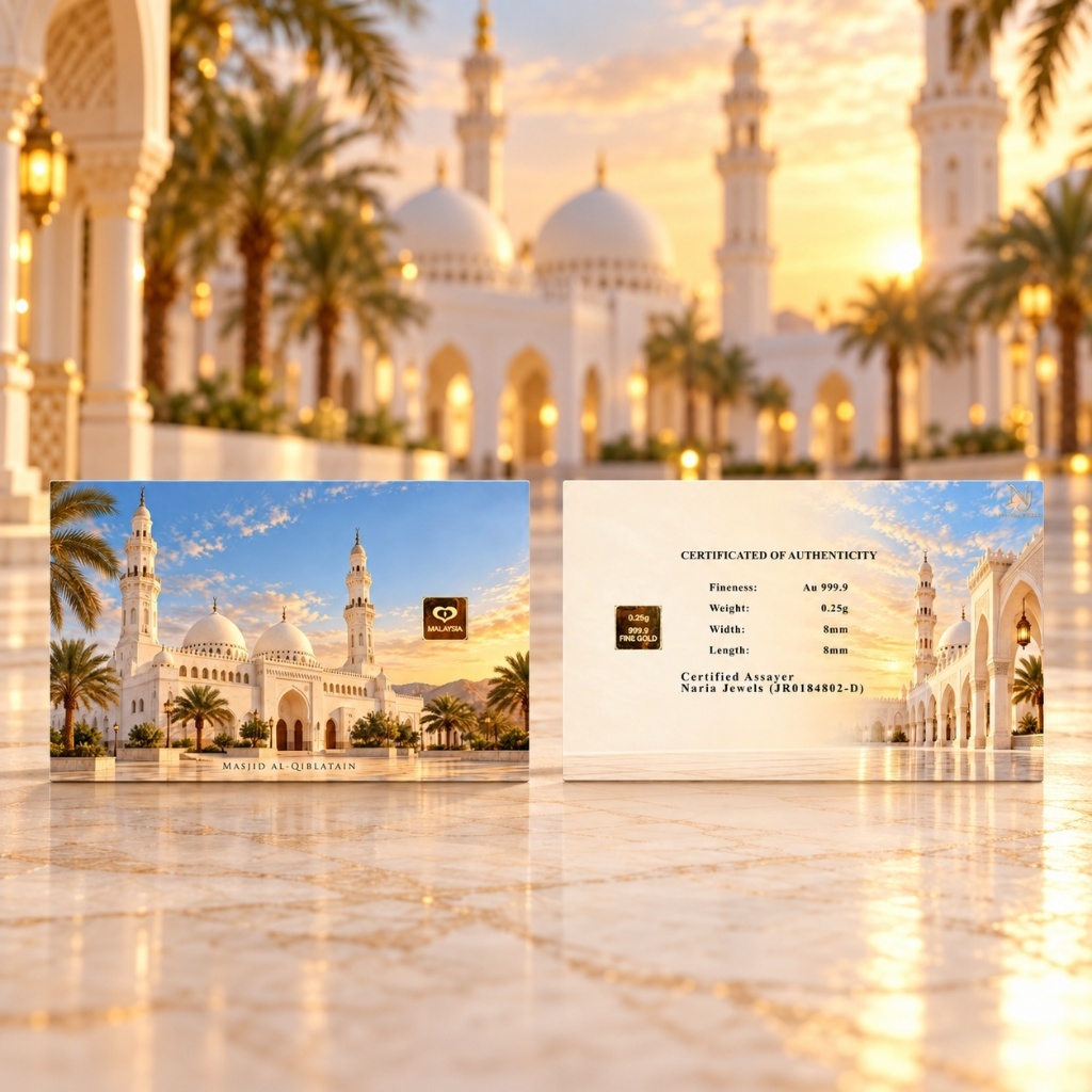 Naria 999.9/24K Gold Bar 0.25gm Masjid Al-Qiblatain Design Emas Tulen Gold Investment Pelaburan Emas Hadiah Islamik