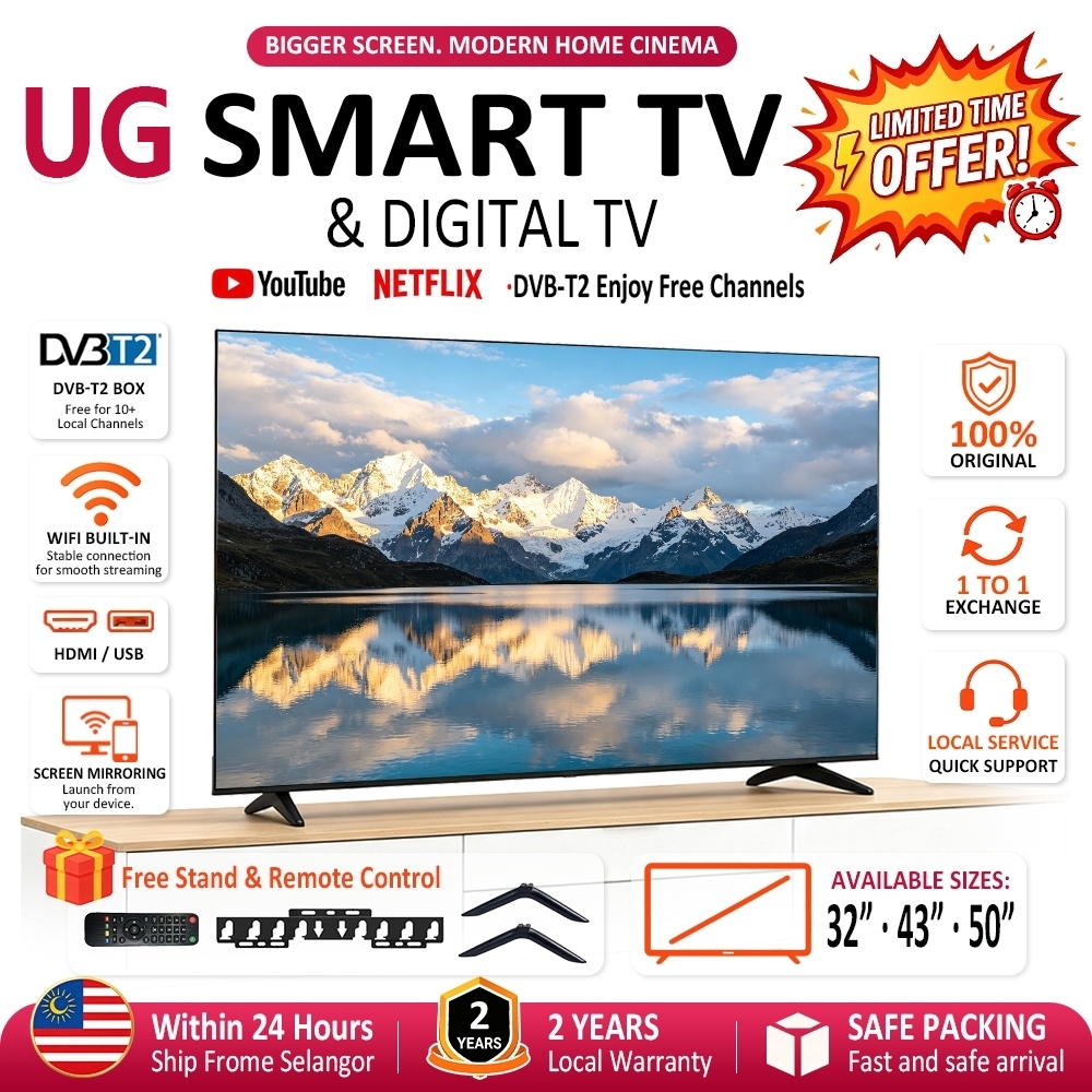 32" 43" 50" Android Televisyen UGSmart DVB-T2 MYTV  55 inch Smart TV Murah YOUTUBE Netflix 4K LED Tv