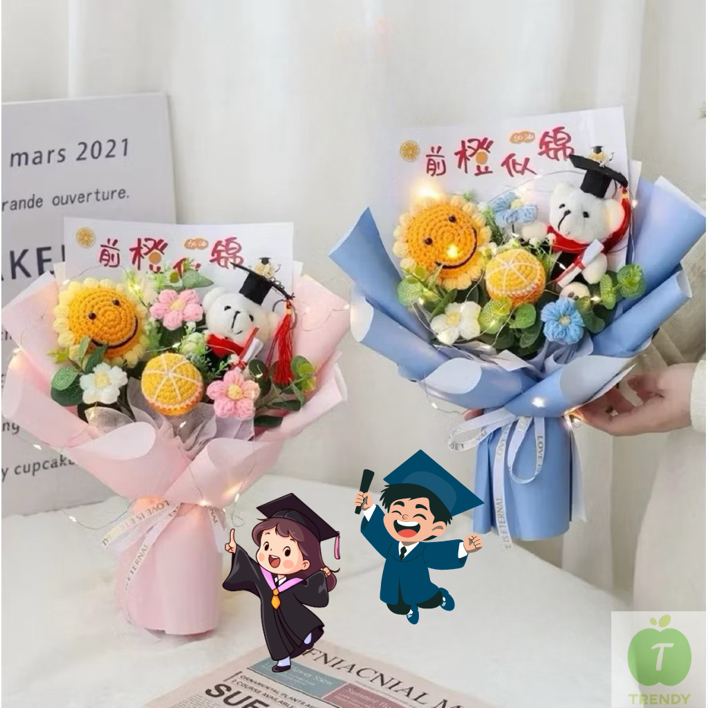 Graduation Crochet Flower Bouquet Handmade Knitted Sunflower With Bear Long Lasting Gift For Graduation Convocation毕业花束