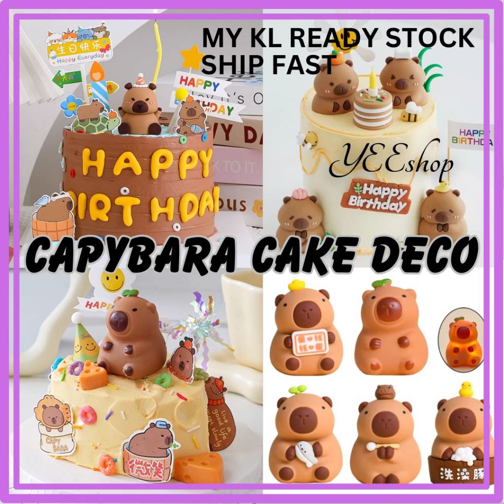 | Cake Decoration | Cute Brown Capybara Theme Toy Figurine Kids Birthday Cake Topper 网红卡皮巴拉许愿小豚鼠可爱水豚主题儿童生日蛋糕装饰带灯摆件