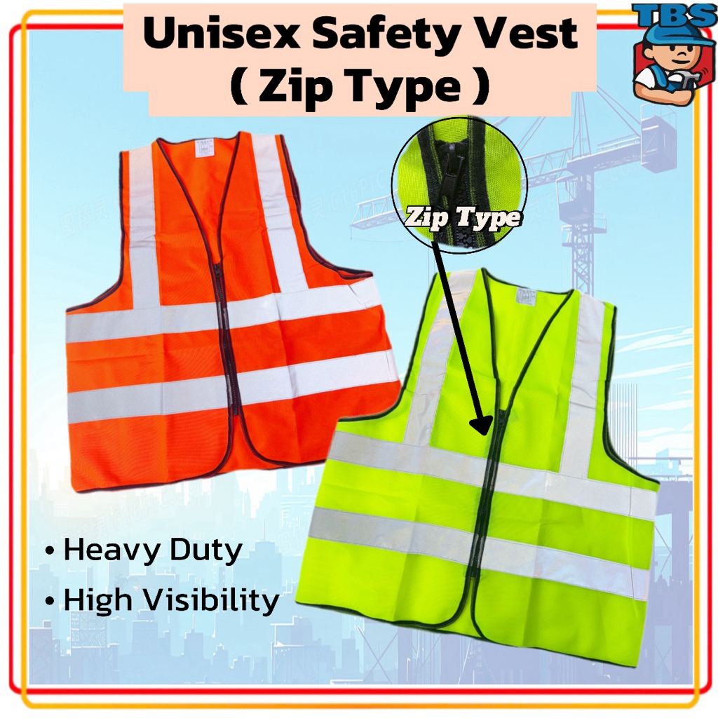 Unisex Reflective 4 Line Safety Vest (Zip Type) Heavy Duty / Green & Orange / Baju Keselamatan / Baju Refletif