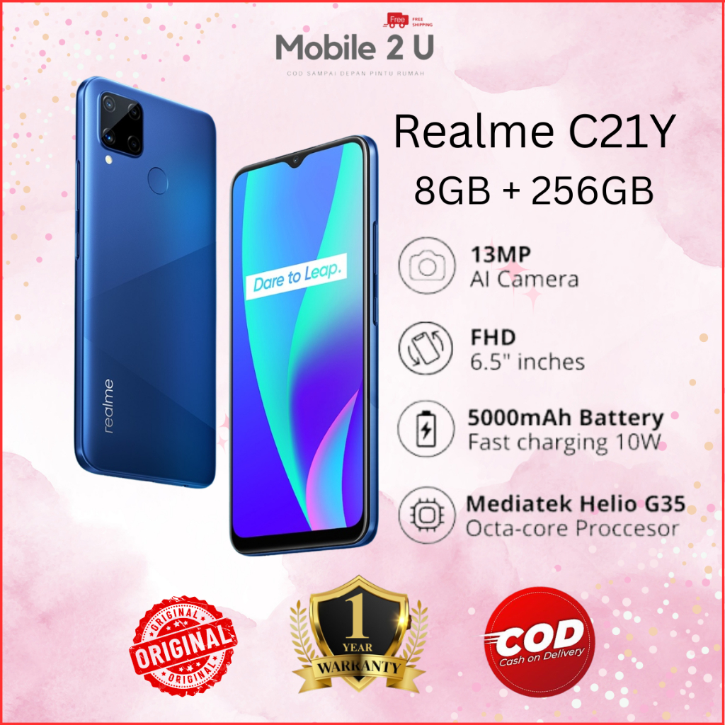 Realme C21Y 8GB + 256GB 13MP Al Kamera FHD 6.5" Bateri 5000mAh Cas Cepat 10W Prosesor Mediatek Helio G35 Octa-core