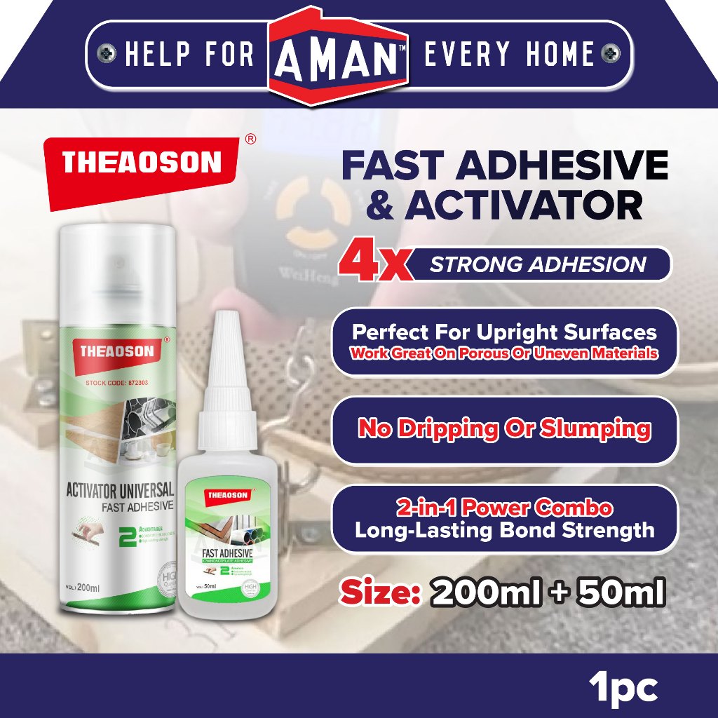 THEAOSON Fast Adhesive Set 50ml Super Glue 200ml Activator Instant Bond Cyanoacrylate for Plastic, W