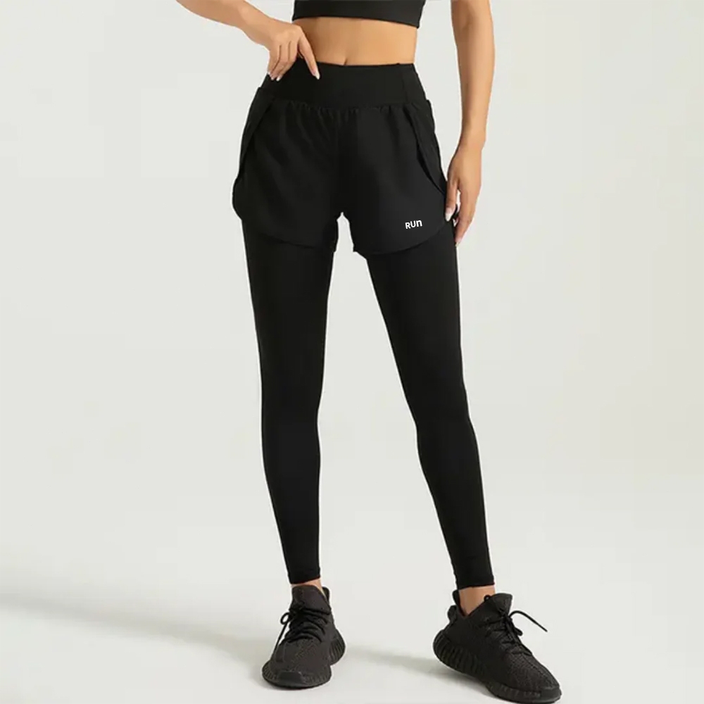 Aklover Celana Yoga Dua Bahagian Palsu Hitam 87% Poliester 13% Spandex Bernafas Kering Cepat Pinggang Elastik