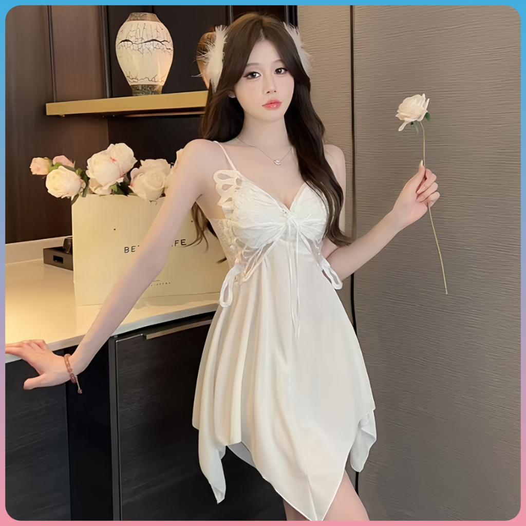 Lingerie Silk Women's Butterfly Halter Neck Suspender Nightgown Baju Tidur Wanita
