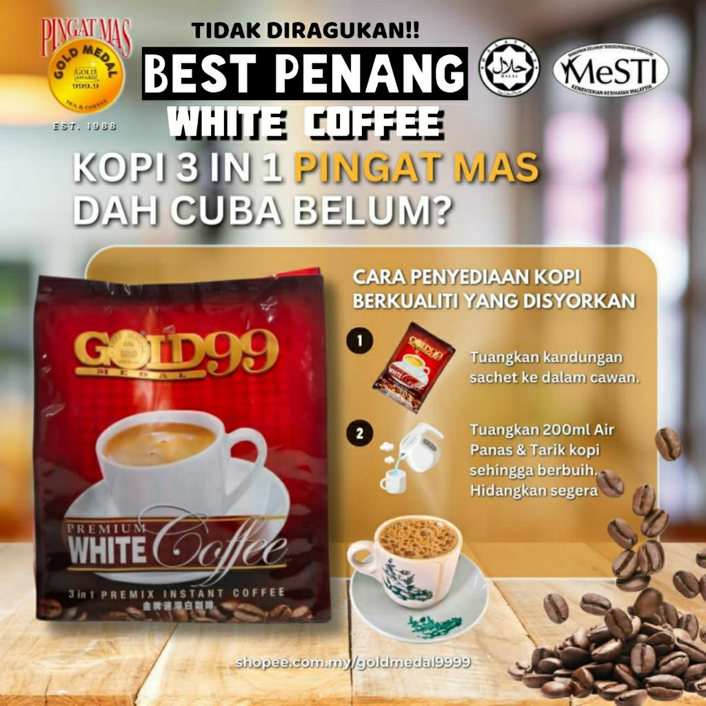 PREMIUM WHITE COFFEE GOLD MEDAL 3 IN 1 40g SACHET BEST WHITE COFFEE FROM PENANG GOLD 99 FROM GOLD MEDAL TEH NO.1 PENANG