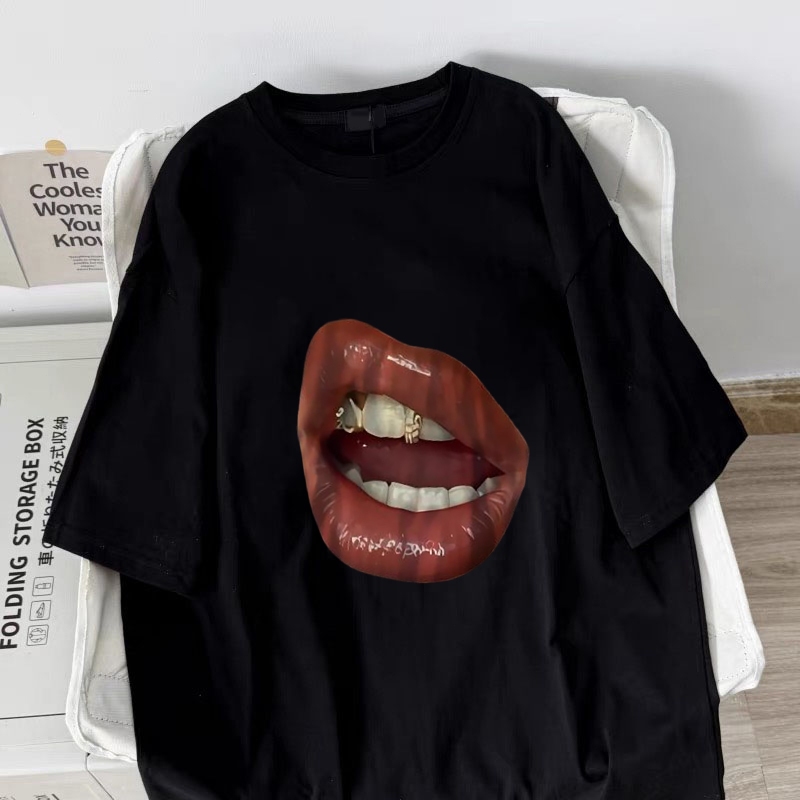 Amerika style women clothing | Oversized Crew Neck T-shirt 100% cotton | LIPS print  stylish casual tops y2k