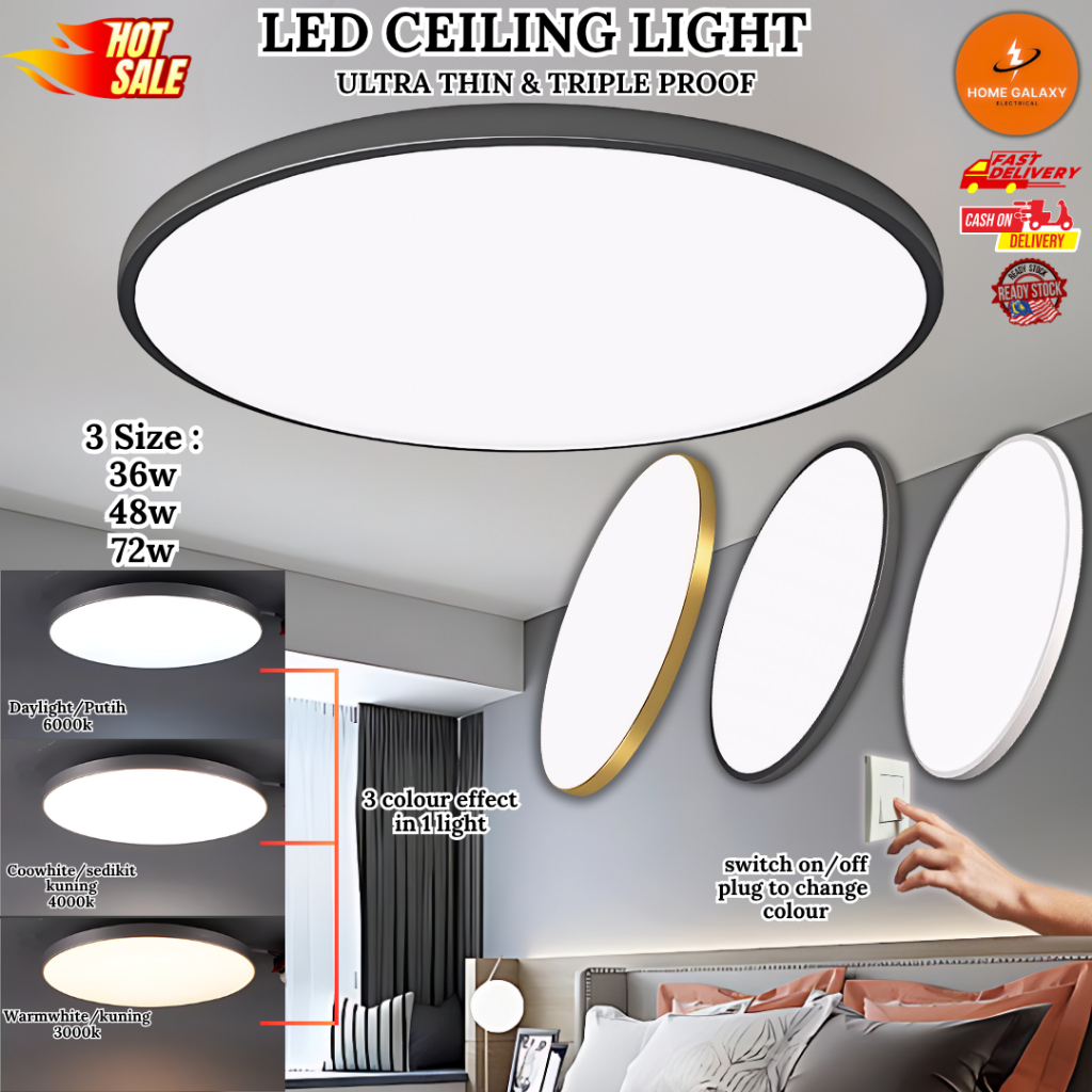 LED Ceiling Light 3 Colour Change Ceiling lamp 96W 72W 48W 36W Downlight Ultra Thin Lampu Hiasan Murah Energy Saving