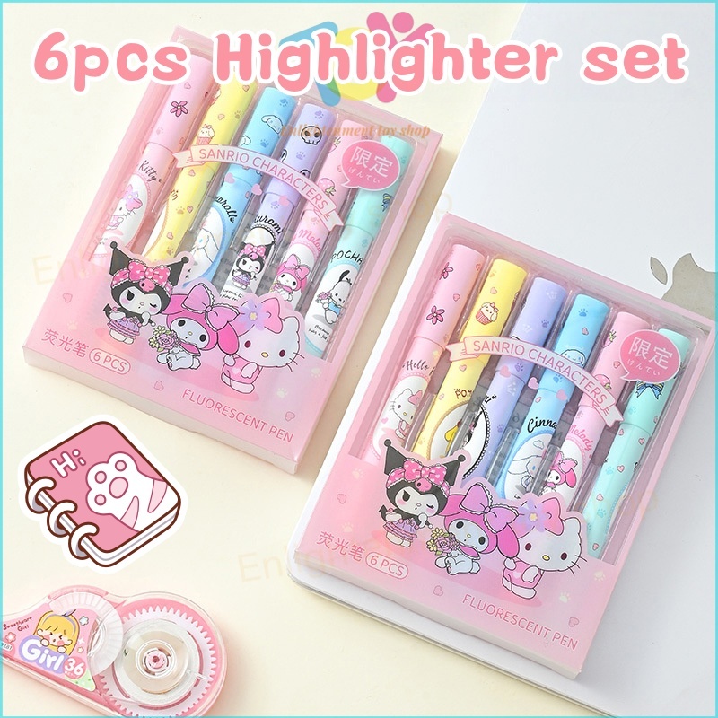 【NEW】6Pcs Cartoon Highlighter Set Cute Kuromi Mymelody Markers Student Multicolor Pens DIY Handbook Decoration