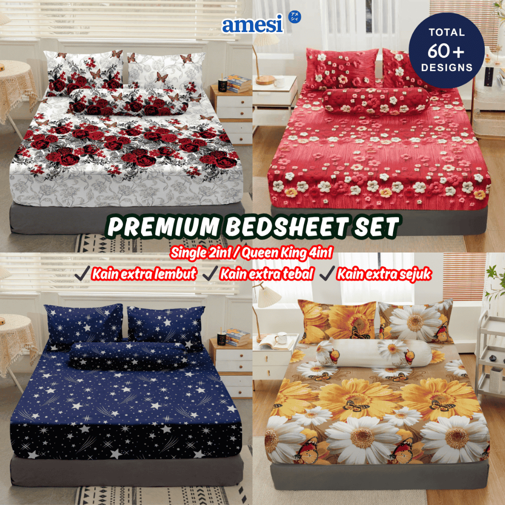 Bedsheet 2 in1 Single Size / 4 in1 Queen King Fitted Bed sheet Cadar Set Getah Keliling Murah AC#1