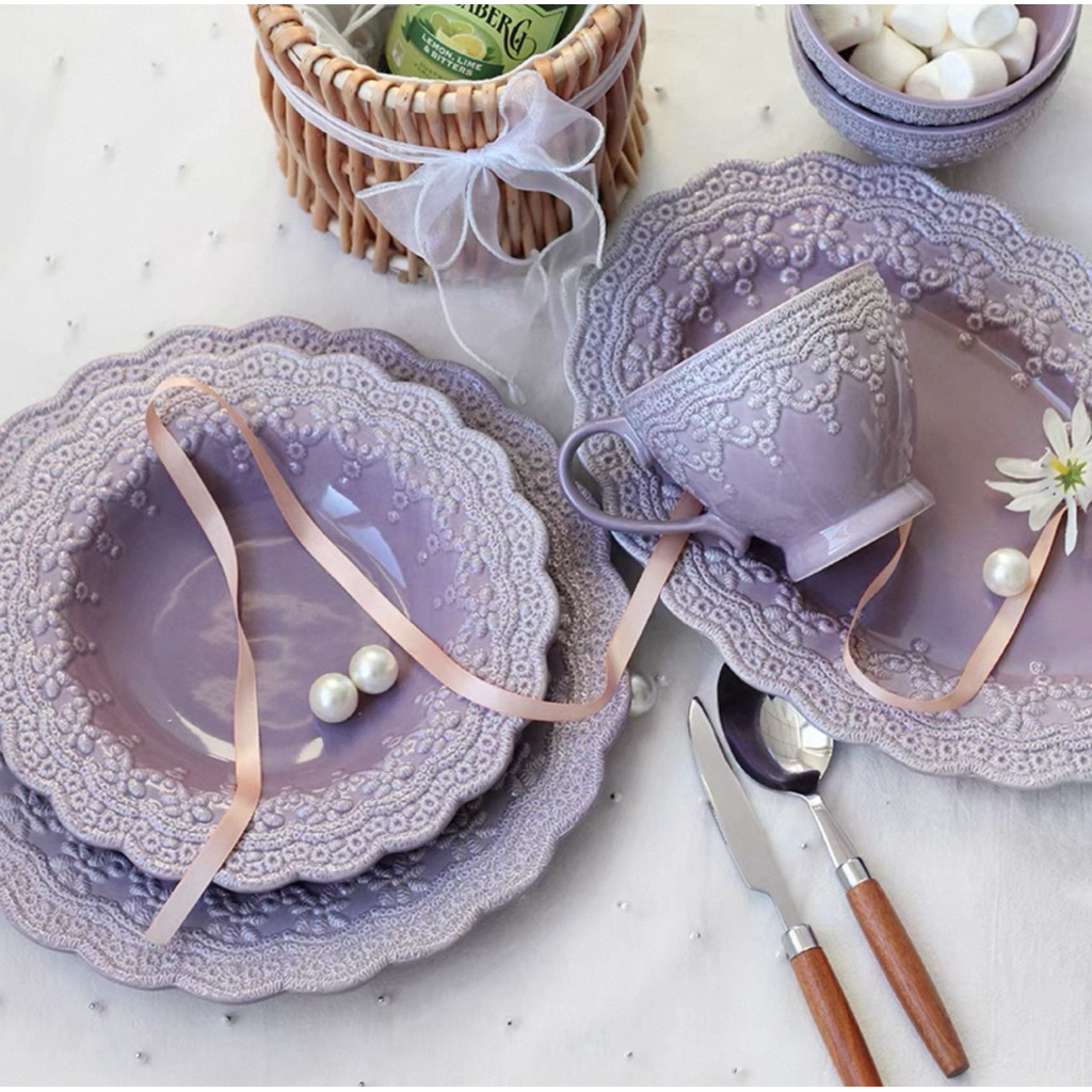 Vantage Purple Lace Embossed Series Ceramic Tableware Bowl | Plate | Deep Plate | Oval Plate | Cup