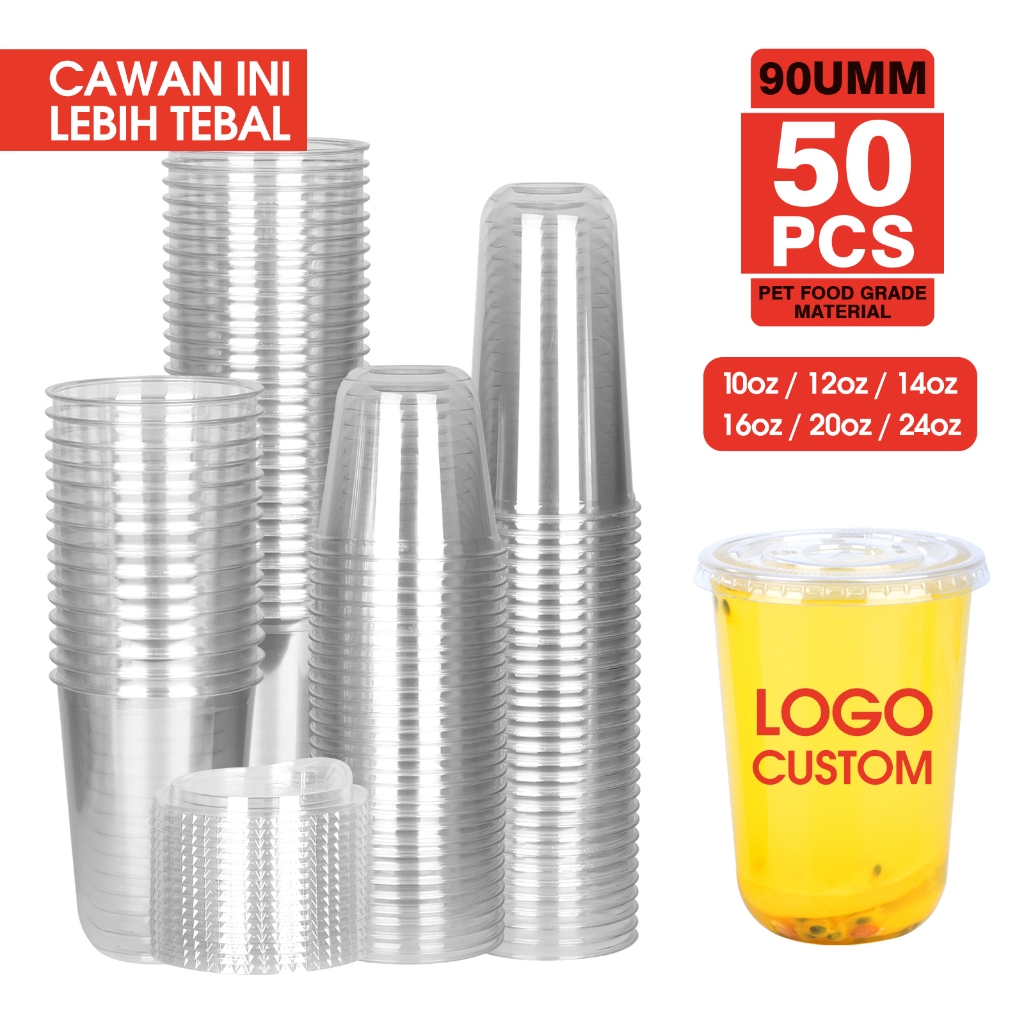 （24h Fast Ship ）50PCS 90U Pet Cup Disposable Plastic Milk Tea Boba Takeaway Cup 10/12/14/16/24oz（Cawan ini lebih tebal）