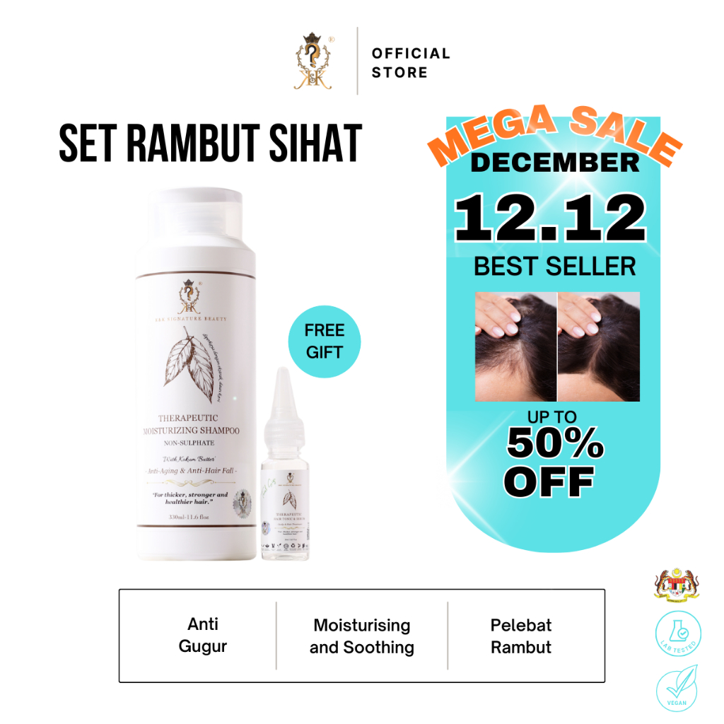 [HQ] K&K 100% HERBAL THERAPEUTIC MOISTURISING SHAMPOO 330ML - LEBATKAN RAMBUT - FREE SERUM GUGUR RAMBUT-BABY HAIR GROWTH