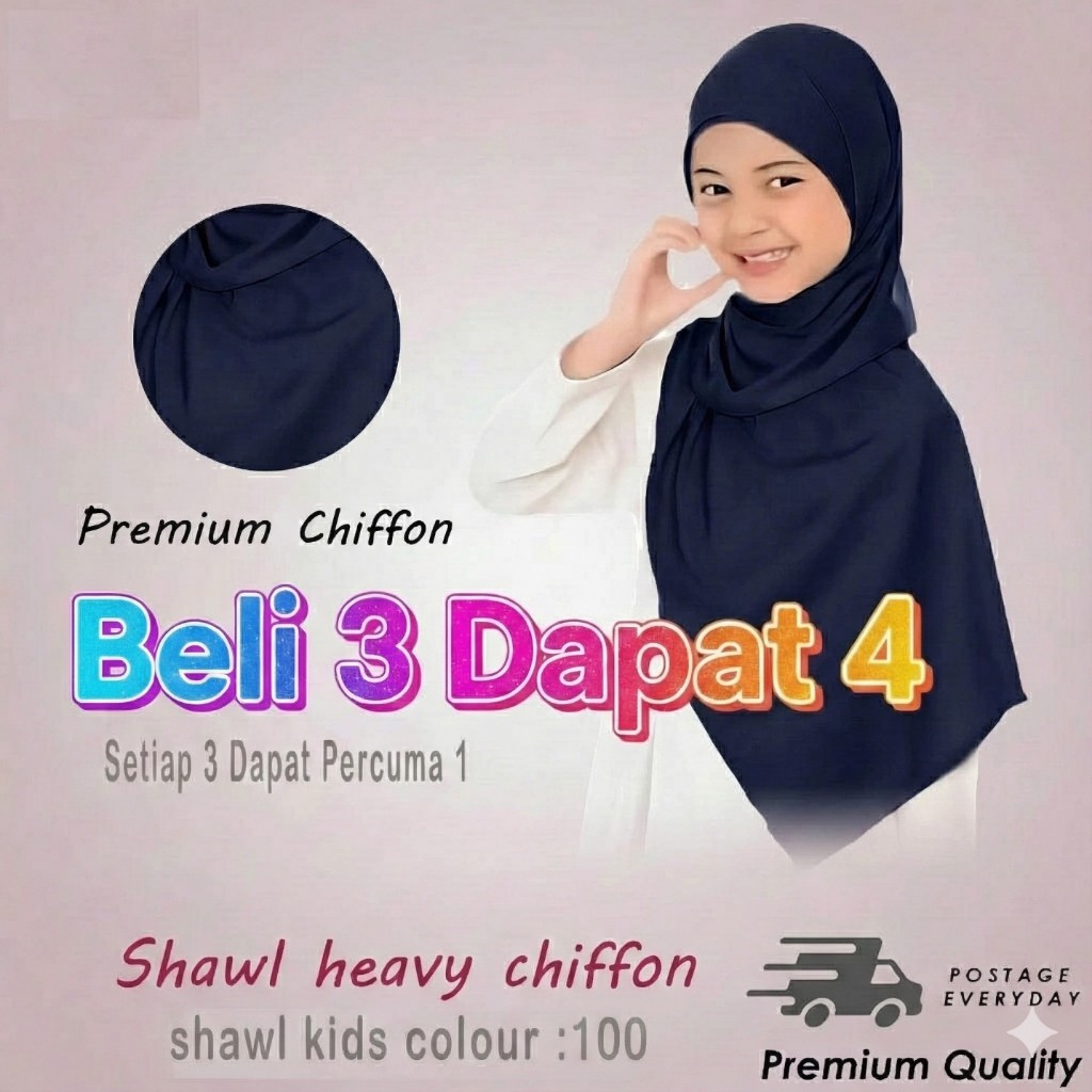 Premium Ready Stock || Shawl Heavy Chiffon Kids | Tudung Budak || Tudung Raya 2025 Beli 3 Dapat 1 Percuma?(Buy 3 Get 1)