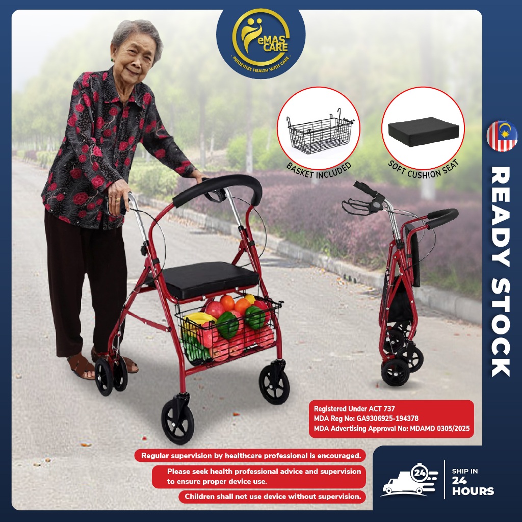 Foldable Walking Aid Rolling With Padded Seat & Basket Mobility Aid for Adult Elderly Care Tongkat Bantu Jalan 4 Roda