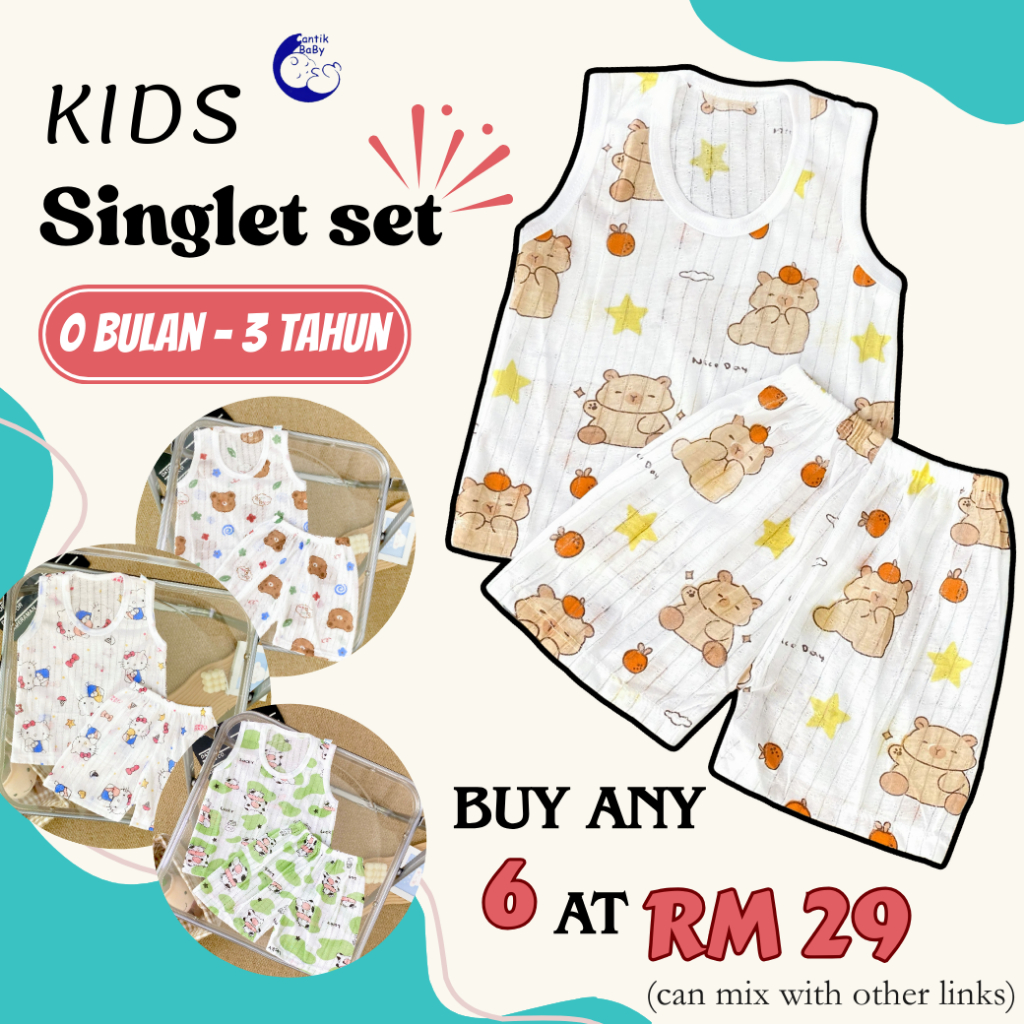 CantikBaby Baju Singlet Bayi Newborn~2 Tahun Pakaian Rumah Sesuai Cuaca Panas Malaysia Comel Cotton Boy Girl Clothes