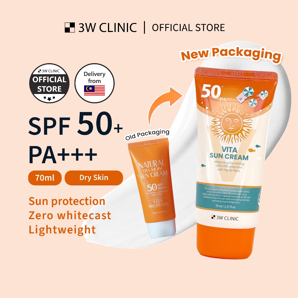 3W CLININ Sunscreen Vita Sun Cream Brightening Sun Block SPF50 PA+++ Vitamin E Anti-Age
