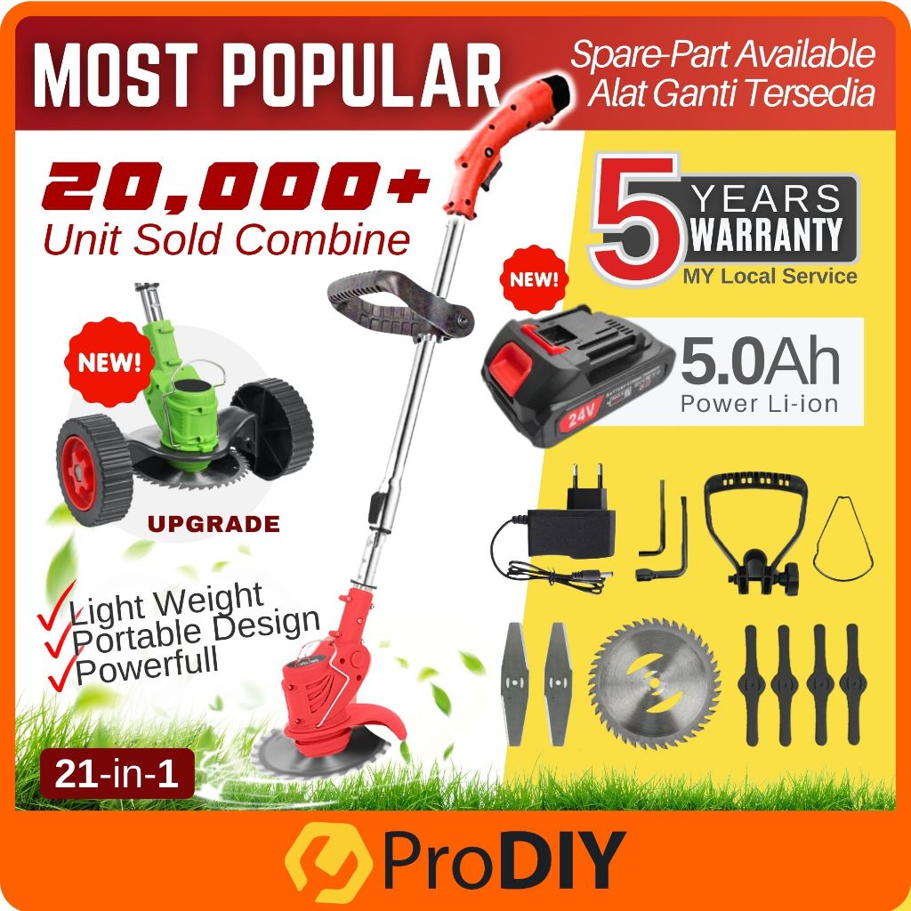 PRODIY Mesin Rumput Rechargeable Cordless Grass Trimmer Lawn Mower Li-Ion Battery Mesin Potong Rumput 12V / 24V