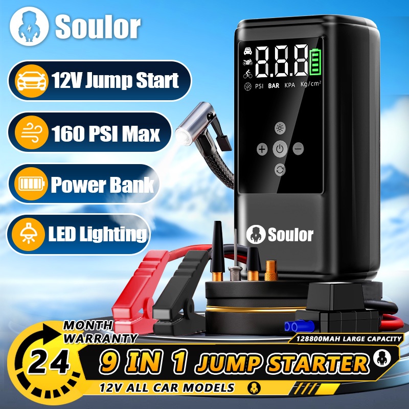 Soulor 9 IN 1 Car Jump Starter powerbank Multifunction Portable Pump Tire Inflator 128800mAh Rechargeable Jumper kereta