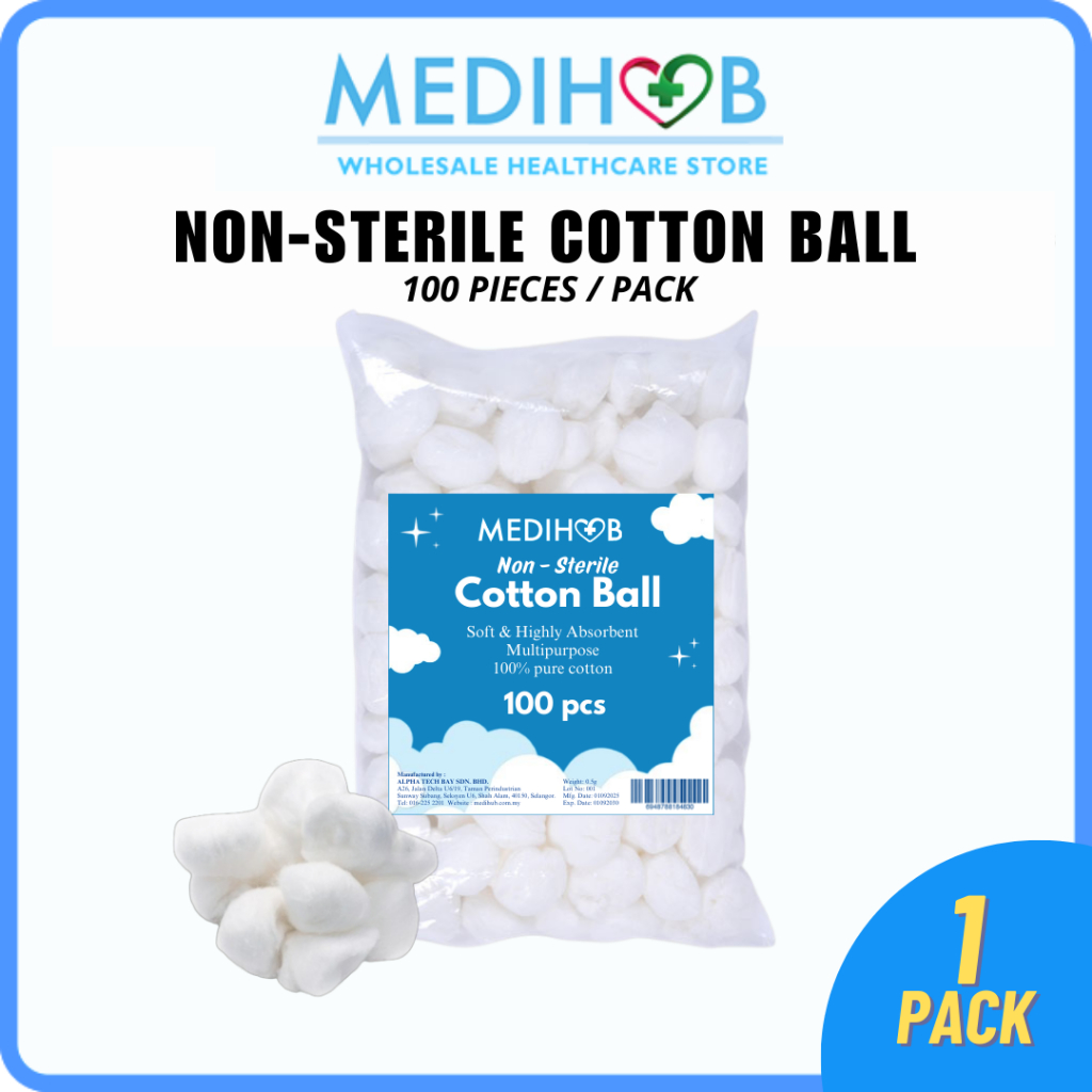 Medihub Non-Sterile Cotton Balls 100pcs/Pack | Medical, Dental & Cosmetic Use
