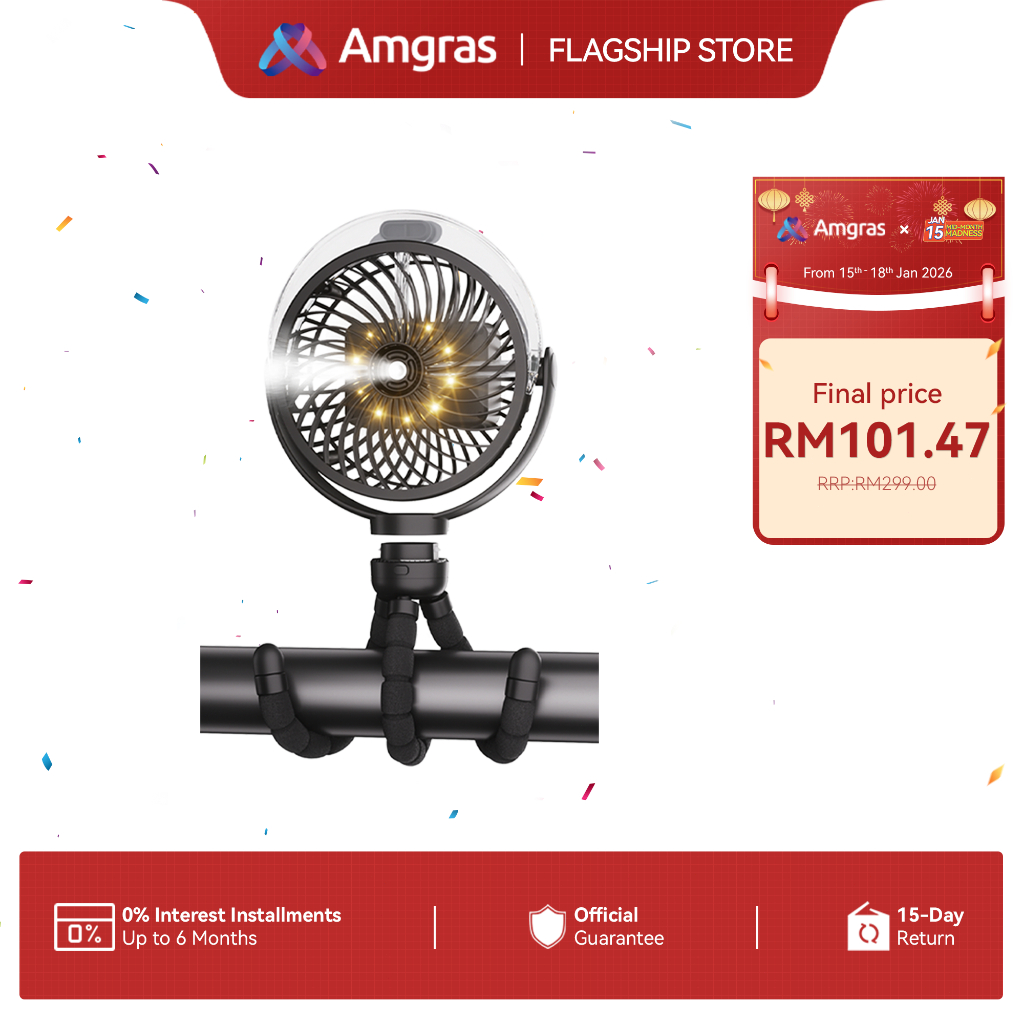 Amgras Stroller Baby Portable Mini Fan Rechargeable 9 Leds/Ultra Quiet/Flexible Tripod/55 Hours (6000mAh)