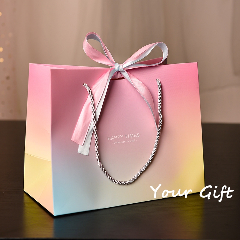 Premium Soft Gradient Gift Paper Bag Pink Blue Dual Tone Ribbon Bow Thick Card Paper 4 Sizes Wedding Birthday Doorgift