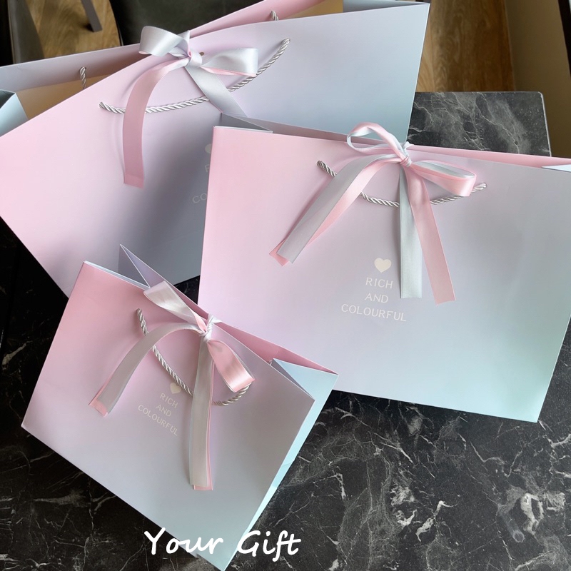 Pastel Pink Blue Gradient Gift Paper Bag Ribbon Bow Rope Handle Thick Card Paper 4 Sizes Wedding Birthday Doorgift