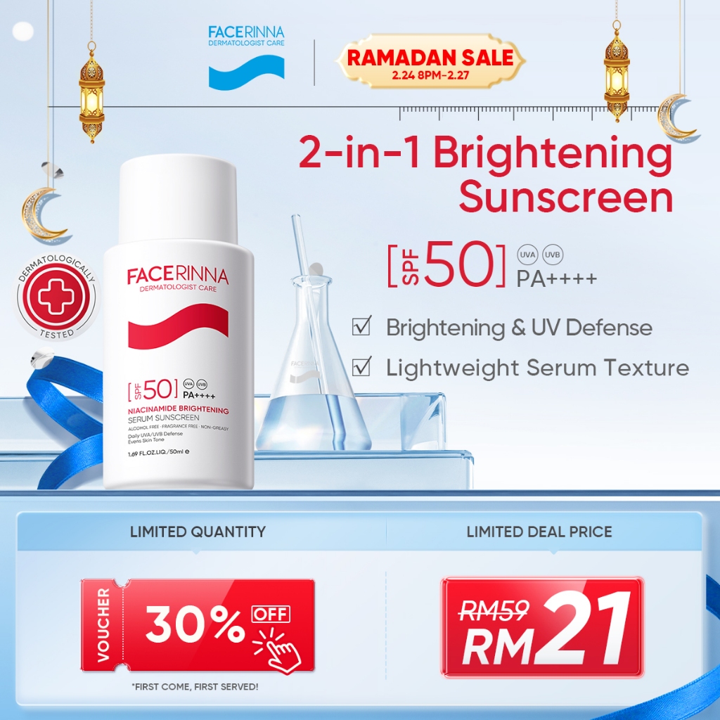 FACERINNA-SERUM SUNSCREEN NIACINAMIDE BRIGHTENING Daily UVA/UVB Defense Evens Skin Tone SPF50+ PA+++ UV Protection 50ml