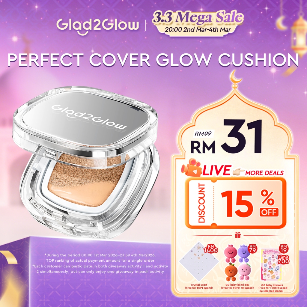 【NEW EDITION】Glad2Glow Perfect Glow Cover Cushion Foundation Full Coverage Glowing Finish Glass Makeup Lightweight