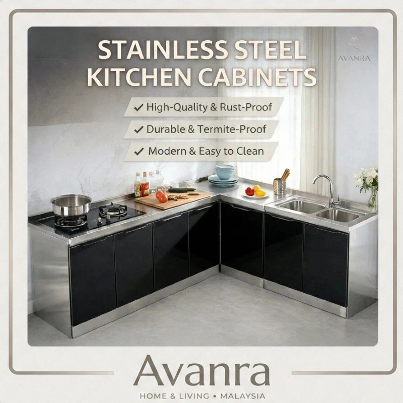 Avanra Kabinet Dapur Stainless Steel Moden Sudut Anti Karat Kitchen Makeover Cabinet Modular Meja Sinki Black Easy Clean