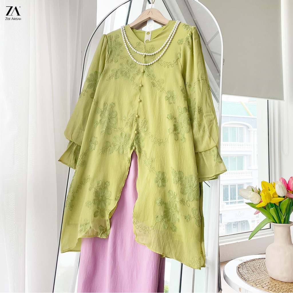 ZOE ARISAH Jeslyna Kurung Kebarung Moden Baju Raya 2026 Textured Soft Silk Organza Luxury Lime Green Murah ZOE ARISSA