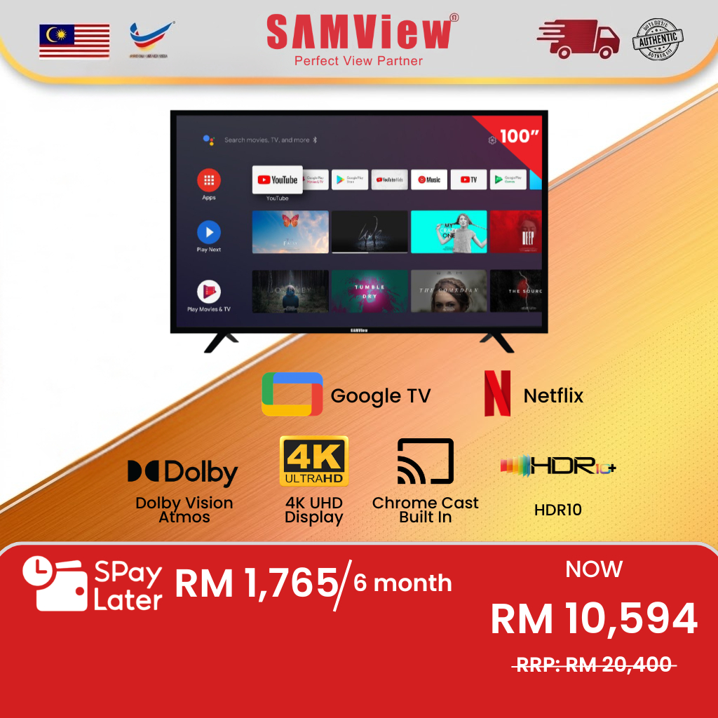 SAMView 4K QLED 100″ Licensed Google Android Smart LED TV with Chromecast, Bluetooth and Dolby Sound