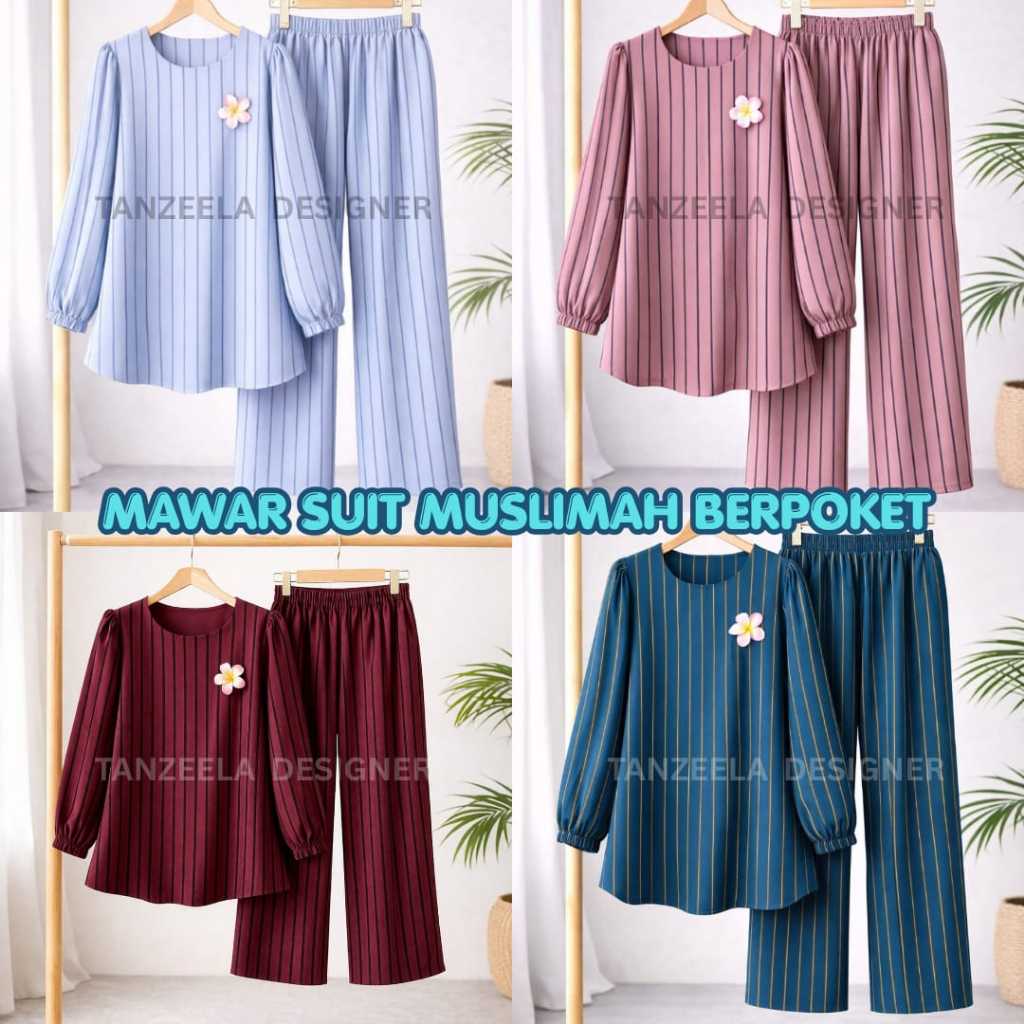 MAWAR Suit Muslimah Jalur Berpoket Ironless Kain Cey Italian Crepe Striped Muslim Fashion Wanita Plus Size