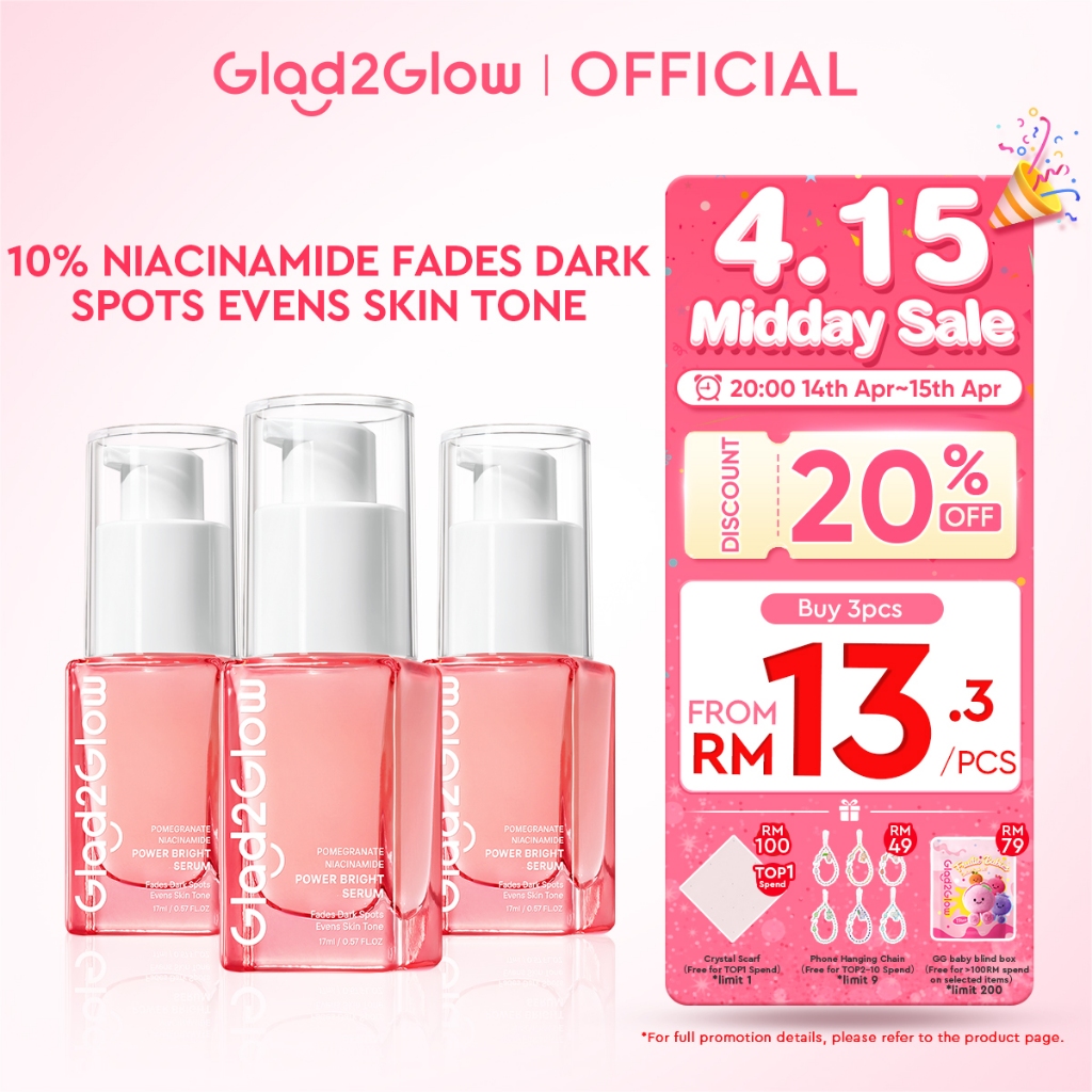 Glad2Glow Pomegranate Niacinamide Power Whitening muka glowing Wajah Brightening Serum Evens skin Tone 17ml