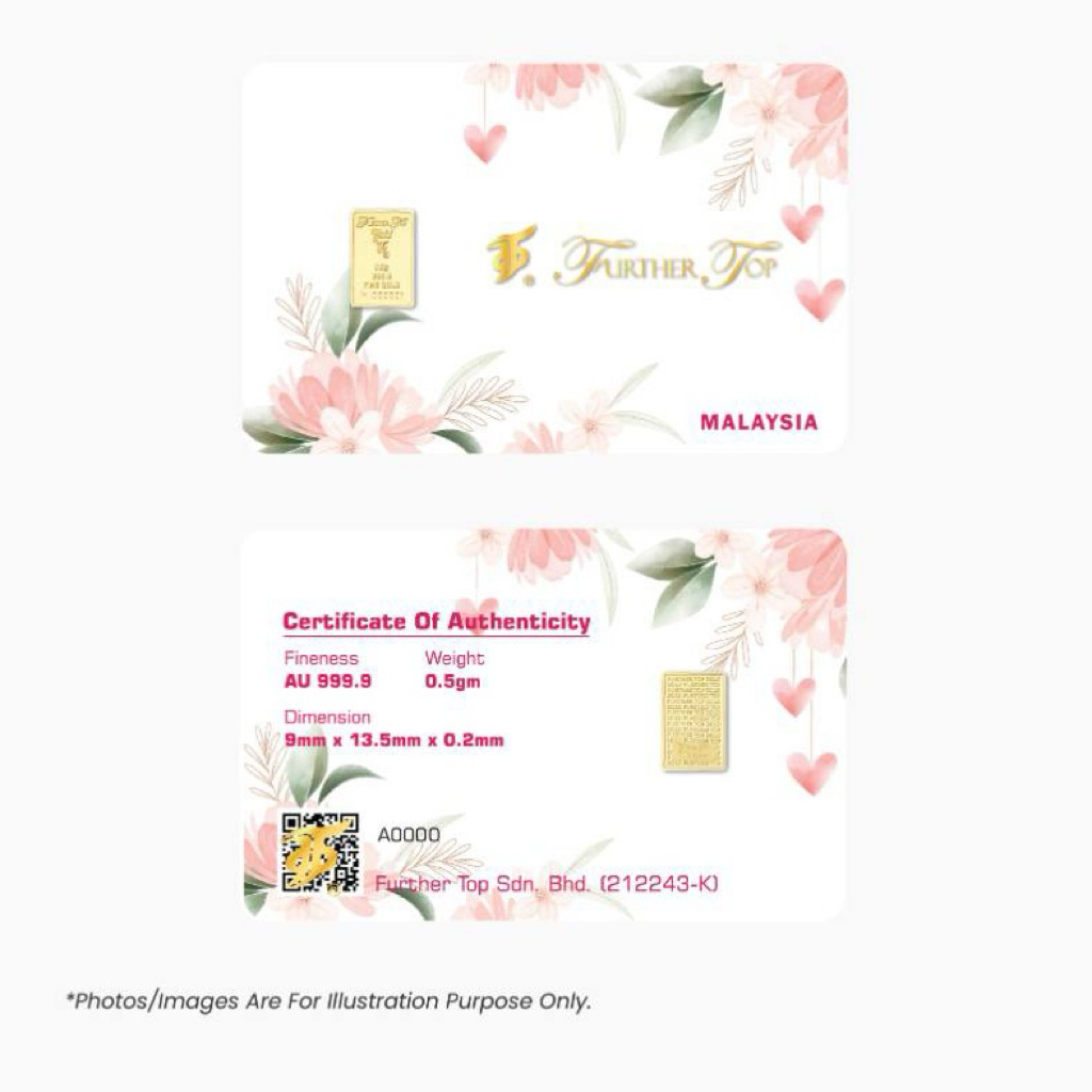 0.50g Further Top Gold 999.9 Gold Coin Mini Gold Bar Emas Tulen 999.9 Syiling Emas Gift/Collection • Blossom Love