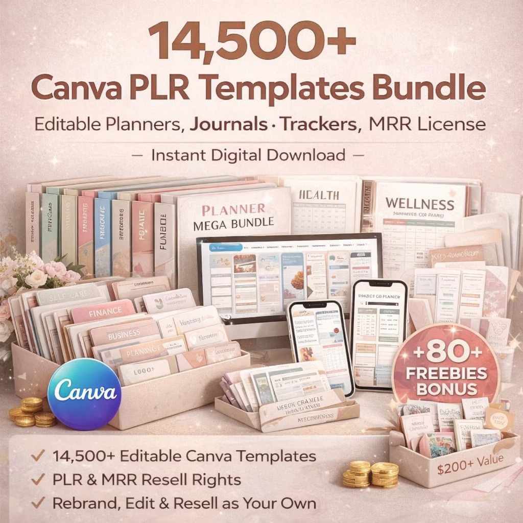 14500+ Canva Templates Bundle PLR MRR | Planner Journal Tracker Digital Products | Instant Download
