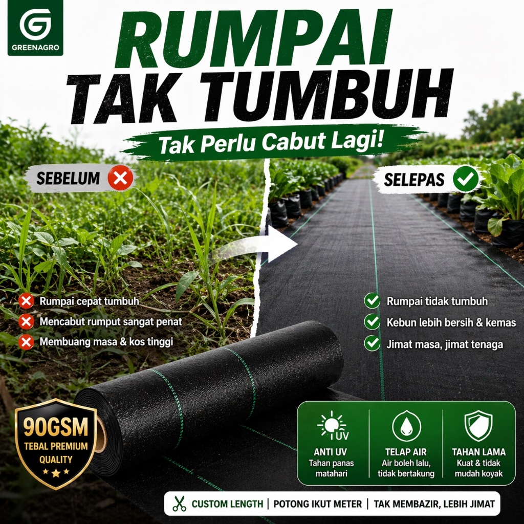 Weed Control Mat Tikar Rumpai Anti Rumpai Kebun 90GSM Tebal Tahan Lama Anti UV Custom Length