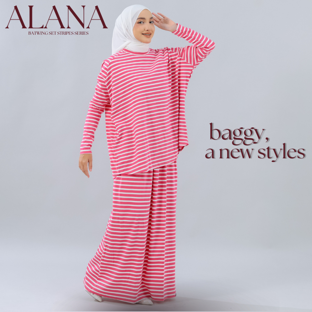 MS131 Moda Store Alana Raglan Set Baggy Batwing A-Cut Skirt Striped Blouses Ironless Rib Cotton Top Stretchable Raglan O