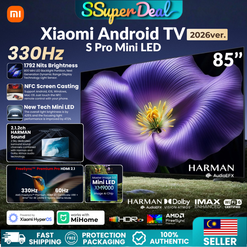 2026 Xiaomi TV S Pro Mini LED 75" 85" Android Smart 4K FreeSync Pro 330Hz MCMC Gaming HDMI 2.1 Harman Audio EFX Monitor
