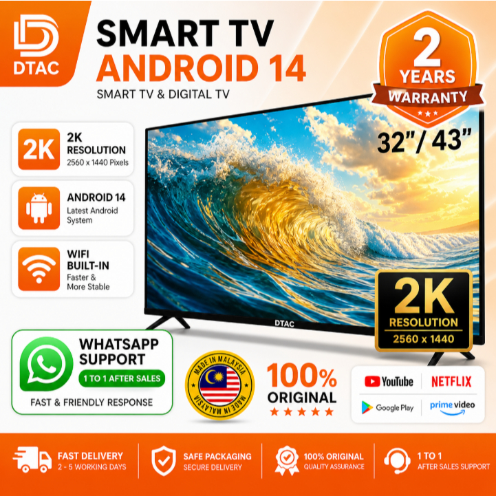 Televisyen Pintar DTAC Smart Netflix hdmi android goggle 32 Inch LED Tv Murah