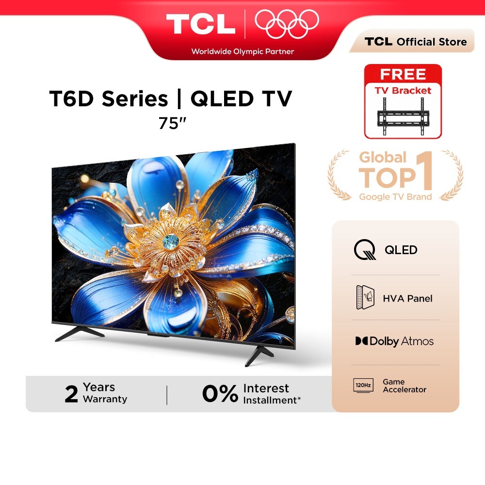 【FREE TV Bracket】TCL 75 Inch QLED 4K Google TV 120Hz Game Accelerator, Dolby Vision Atmos, HDR 10+ Televisyen 75T6D