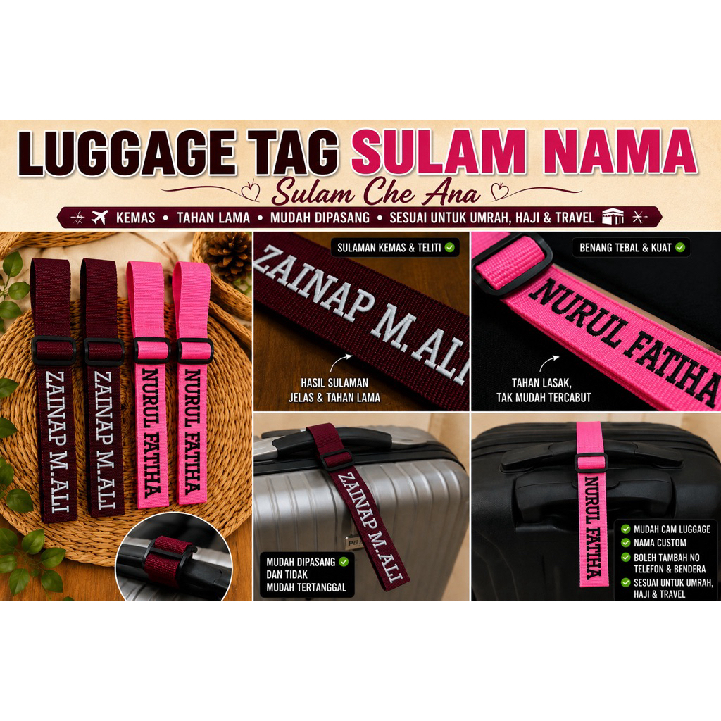 1.25" (32mm) Custom Luggage Tag Sulam Nama Slider/Adjustable | Umrah | Haji | Travel | Backpack Luggage