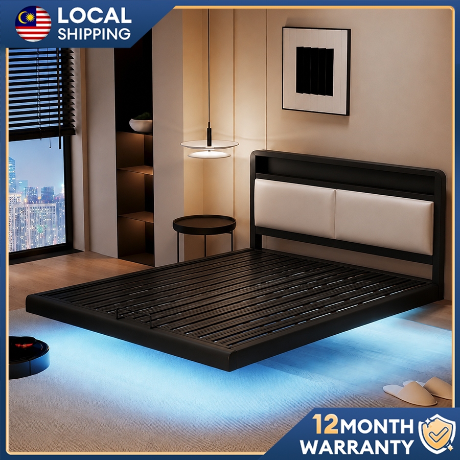 ⚡️- Floating Bed Frame Modern Platform Bed Heavy Duty Steel Frame with Upholstered Headboard Storage Shelf