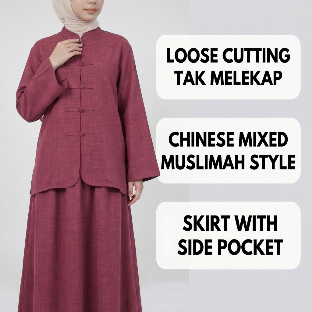 PANDAEYES JISO CHEONG SAM Chinese Style x Muslimah Set Blouse Skirt Loose Fit Cotton texture Ironless Malaysia 92122